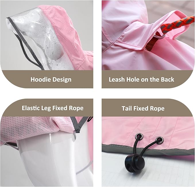 MAMORE Dog Raincoat Waterproof, Lightweight Adjustable Dog Rain Coat Hooded Poncho with Reflective Strip for Large Medium Small Dogs (Pink, Small)