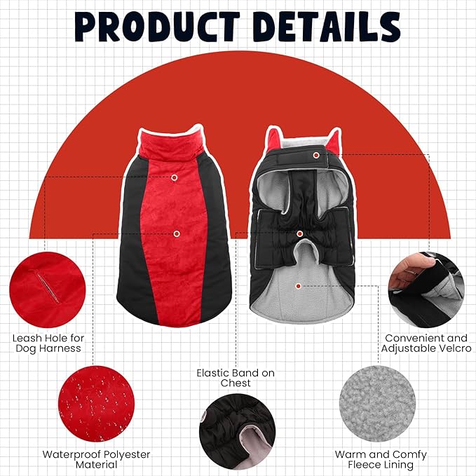 Warm Dog Coat,Waterproof Jacket in Winter Adjustable and Reversible Doggy Fleece Outfit,Thick Clothes with Foldable Collar for Puppy in Cold Days,S Red