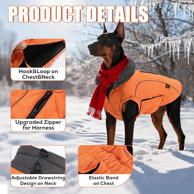 EMUST Dog Winter Jackets, Small/Medium/Large Dog Coat for Winter, French Bulldog Clothes for Dogs, Pet Cold Jacket for Large Dogs, Orange, XL