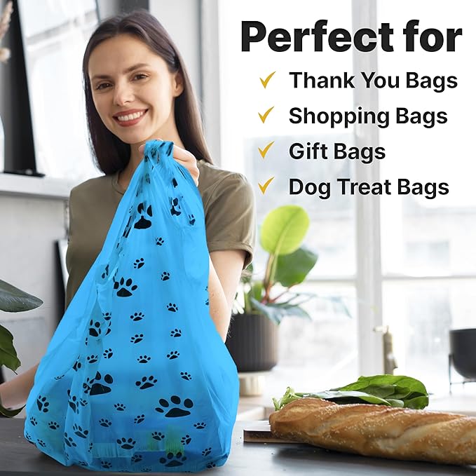 T-Shirt Bags – Paw Print Design Blue Color - 100 Pack - Thank You & Shopping Bags - Cat or Dog - 22" L x 12" W x 7" Plastic (Blue, 100)