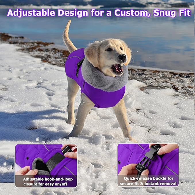 Dogcheer Dog Coat with Pocket, Waterproof Dog Jacket with Adjustable Buckle, Reflective Puppy Winter Coat Warm Turtleneck Fleece SnowJacket for Small Medium Large Dogs - Purple XL
