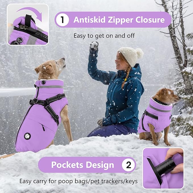 Dogcheer Dog Coat with Harness, Waterproof Dog Jacket, Reflective Puppy Winter Jacket with Pocket, Doggy Turtleneck Fleece Vest for Small Medium Large Dogs - Taro Purple, S