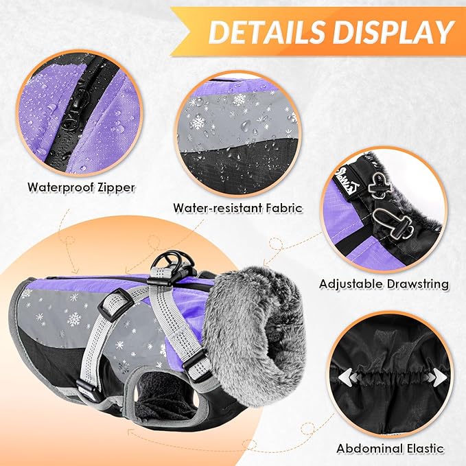 SlowTon Dog Jacket with Harness Built in - Waterproof Fleece Winter Warm Dog Coats for Small Medium Dogs, Reflective Adjustable Furry Puppy Vest Clothes for Outdoor Walking (Purple & Grey, S)