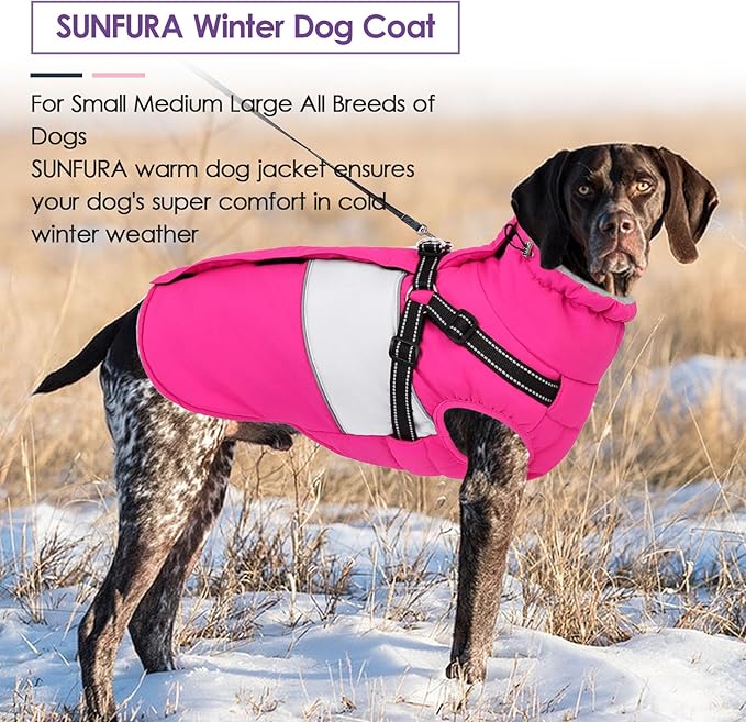 SUNFURA Dog Coat for Large Dogs, Warm Pet Jacket Winter with Harness Built in, Waterproof Pet Snow Jacket with Furry Collar, Reflective Fleece Snowsuit for Extra Large Dogs, Hot Pink XL