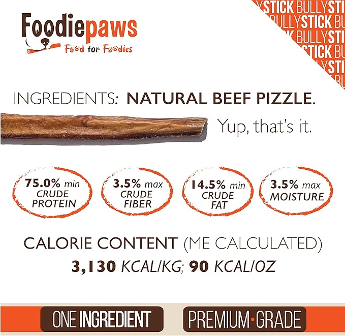 FOODIEPAWS 6 Inch Jumbo Bully Sticks for Dogs, 20 Pack | All Natural, Grass-Fed Beef Pizzle | Rawhide-Free, Odor-Free, Fully Digestible & Long Lasting Dog Chews | For Large Breeds & Aggressive Chewers