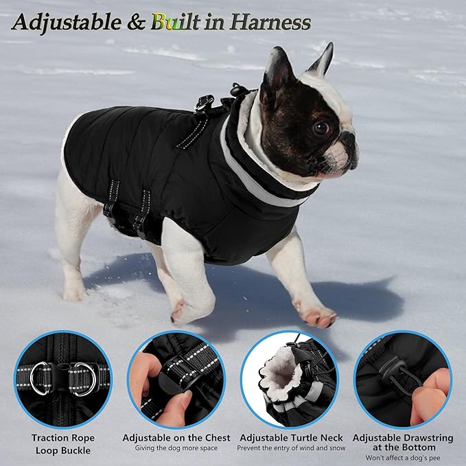 Dogcheer Dog Coat, Waterproof Dog Jacket with Harness, Reflective Adjustable Winter Coat with Zipper, Christmas Pet Snow Jacket Clothes for Small Medium Large Dogs - Black L