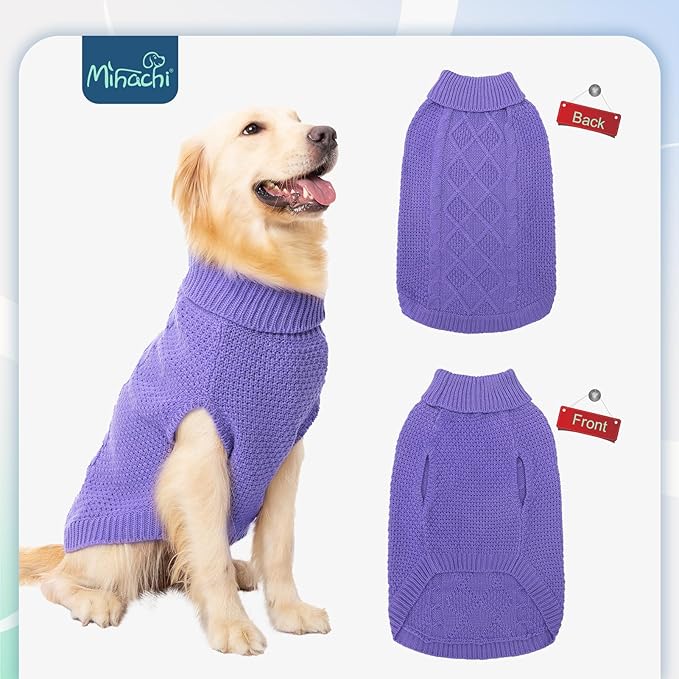 Mihachi Turtleneck Dog Sweater - Winter Coat Apparel Classic Cable Knit Clothes with Leash Hole for Cold Weather, Ideal Gift for Pet in New Year Light Purple S
