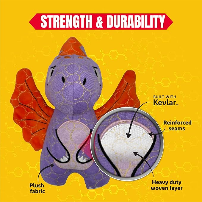 Bite Force - Durable & Strong Dog Toy Purple Dino with Squeaker, Kevlar-Reinforced for Aggressive chewers.