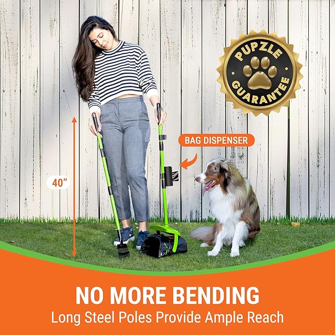 Pupzle Dog Pooper Scooper with Bag Attachment, 40" Long Handle Pooper Scooper for Large Dogs, Dog Poop Scoop for Yard, Large Capacity Swivel Bin and Rake, Lavender Scented Bags (Green)