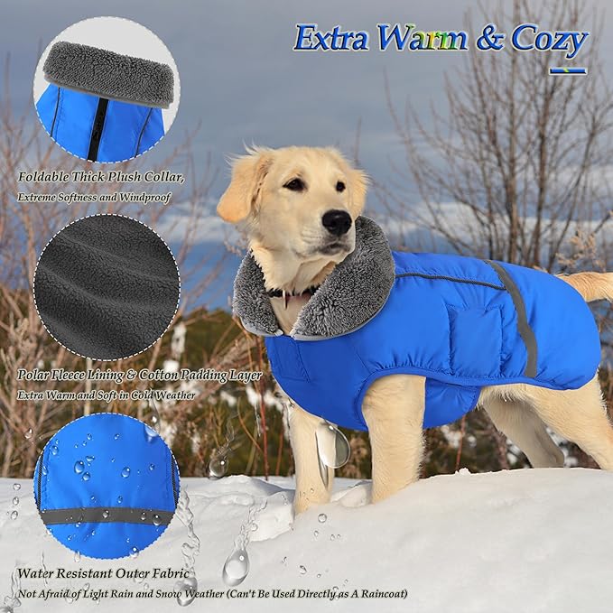Dogcheer Warm Dog Coat, Waterproof Dog Jacket Christmas Puppy Winter Coat with Buckle, Reflective Adjustable Pet Snow Jacket Turtleneck Fleece Sweater for Small Medium Large Dogs - Blue, 3XL
