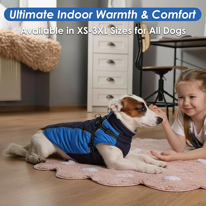 ASENKU Reflective Dog Coat with Built-in Harness, Windproof Fleece-Lined Dog Jacket for Small, Medium, Large Dogs, Warm Winter Vest with Turtleneck & Zipper (Navyblue L)