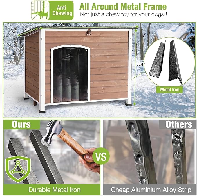 GUTINNEEN Heated Dog House Outdoor 43.3" L Insulated Dog Kennel with Metal Frame Large Dog Crate for Medium to Large Dogs Outside with Heater and Insulated Liner for Winter, Light Brown