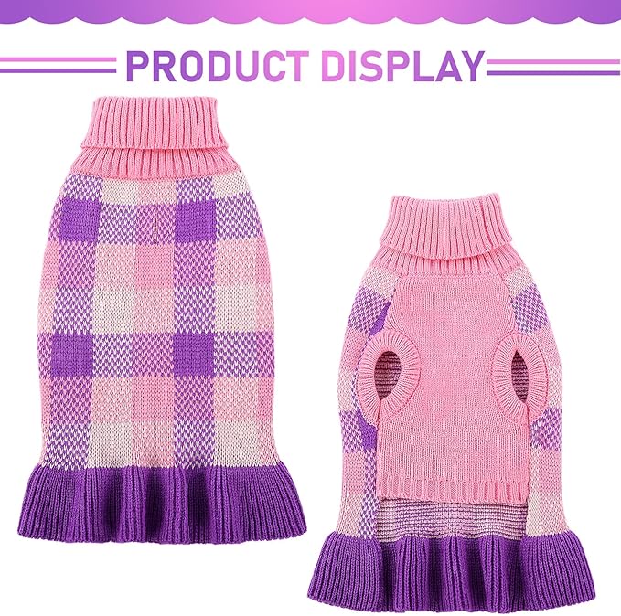 Dog Sweater Dress Plaid Knitwear for Small Medium Dogs Warm Puppy Pet Turtleneck Stretch Pullover Cute Fall Winter Vest Clothes with Leash Hole for Christmas (Purple, L)
