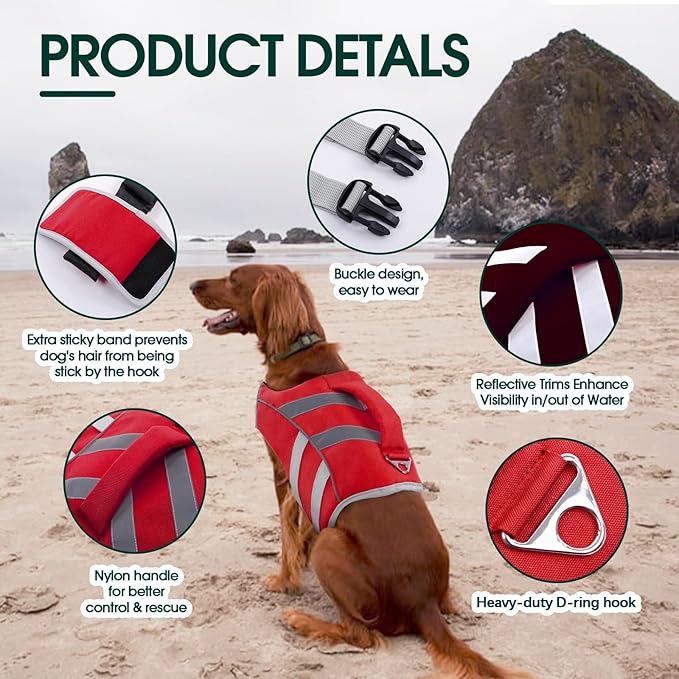 Kuoser Dog Life Jacket with Reflective Stripes - Adjustable High Visibility Vest, Ripstop Lifesaver, Pet Preserver with High Flotation Swimsuit for Small, Medium and Large Dogs