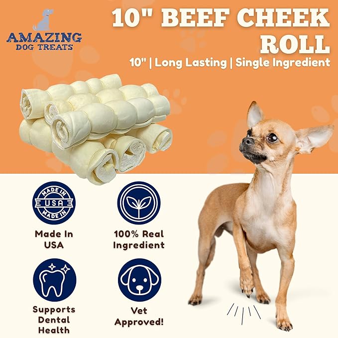 Amazing Dog Treats - Beef Cheek Rolls (Mega Thick 10" - 3 Pcs) - Safe Rawhide Alternative Dog Chew - Great for Power Chewers - Long Lasting Dog Chew - Retriever Rolls for Dogs