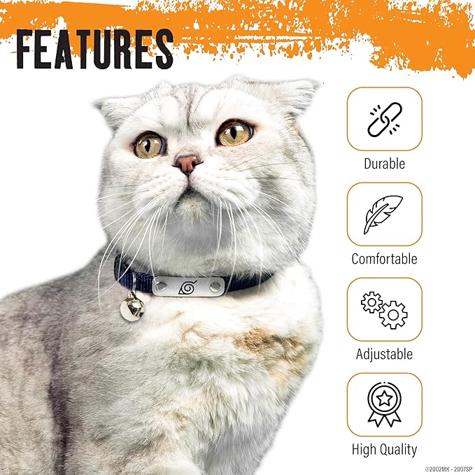 Naruto Breakaway Cat Collars for Girl & Boy Cats | Officially Licensed Naruto Shippuden Hidden Leaf Village Pet Accessories & Gifts, (8.5” to12”) Adjustable Cute Kitten Collar with Bell (Black, Ninja)