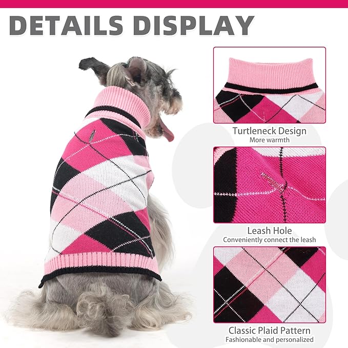 KOOLTAIL Dog Sweater Pet Knitted Clothes - Classic Plaid Pull Over Turtleneck Dog Sweaters with Leash Hole Warm Dogs Winter Clothing for Small Medium Dogs Cats Puppy L