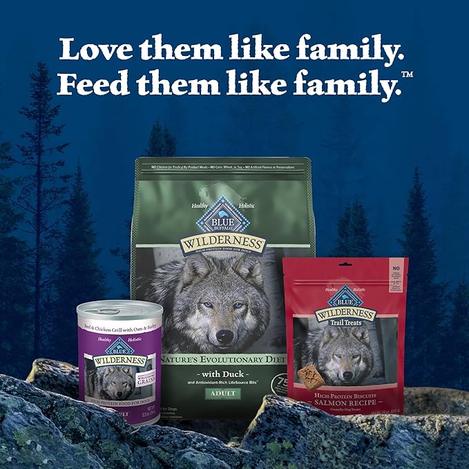 Blue Buffalo Wilderness Natural High-Protein Dry Food for Adult Dogs, WITH WHOLESOME GRAINS, Duck, 28-lb Bag.