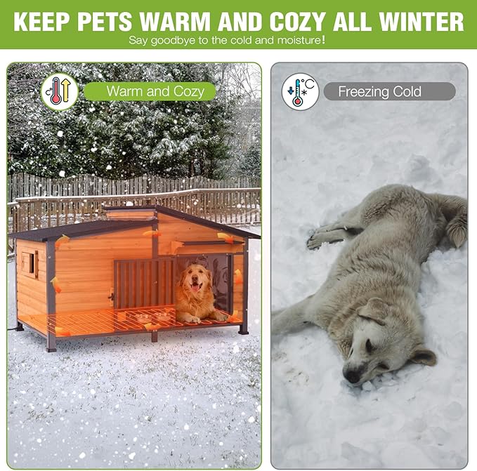 GUTINNEEN Extra Large Heated Dog House Insulated Dog Kennel Weatherproof Dog Shelter with Safe Heating Pad, Chew-Proof Metal Frame, Rotatable Spill-Proof Bowl for Large Dog Breeds, 60"L x 36"W x35.4"H