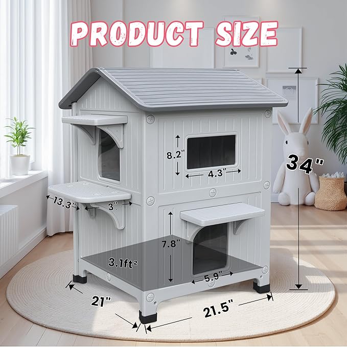 Plastic Outdoor Cat House - Cat House for Outside with Insulated Liner for Winter，100% Weatherproof Cat Houses for with Escape Door, Feral Cat Shelter for Porch Barns Strays