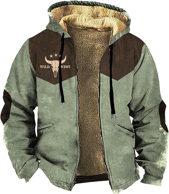 Men's Western Aztec Jackets Hooded Cowboy Hoodie Warm Full Zip Ethnic Vintage Long Sleeve Coat Fall Winter Tops