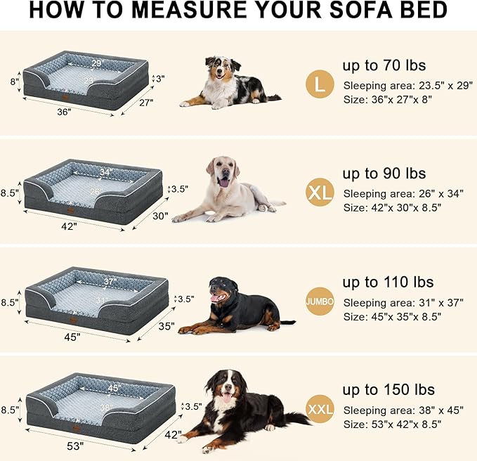 Orthopedic XXL Dog Beds, Waterproof Memory Foam Big Pet Bed for Extra Large Sized Dogs 53x42Inch, Non-Slip Bottom and Egg-Crate Foam Dog Couch Bed with Washable Removable Cover, Dark Grey