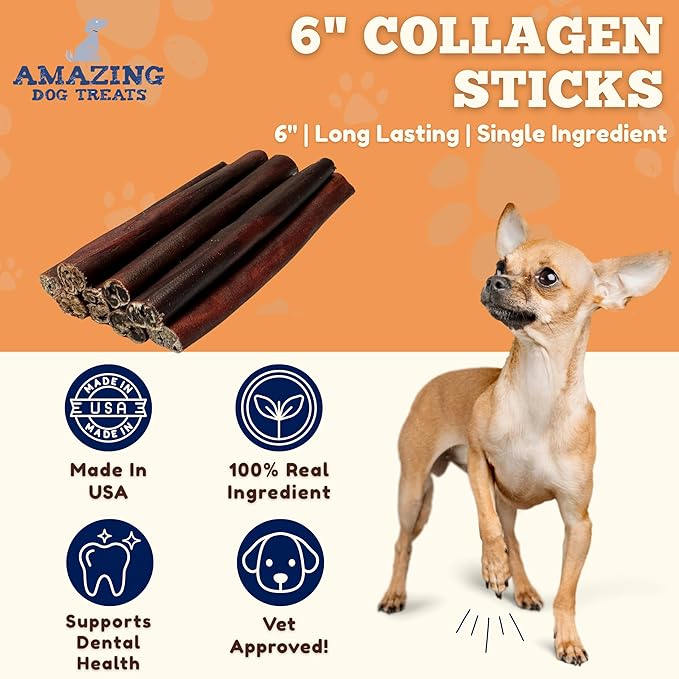 Amazing Dog Treats 6 Inch Collagen Stick - (15 Count)- Collagen Sticks for Dogs - No Hide Dog Bones