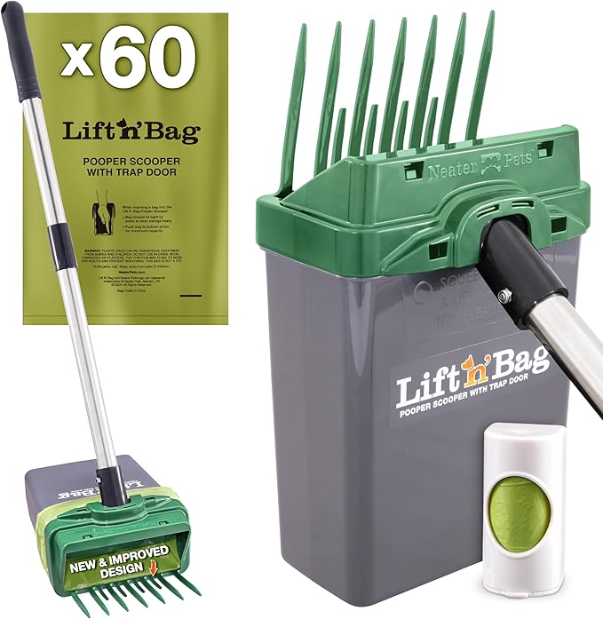 Neater Pet Brands Lift N’ Bag 2.0 Dog Pooper Scooper with Bag Attachment & 27" Pole for Small to Large Dogs, New & Improved Design, 60 Refill Bags, Heavy Duty Dog Poop Scooper for Yard, One-Hand Use