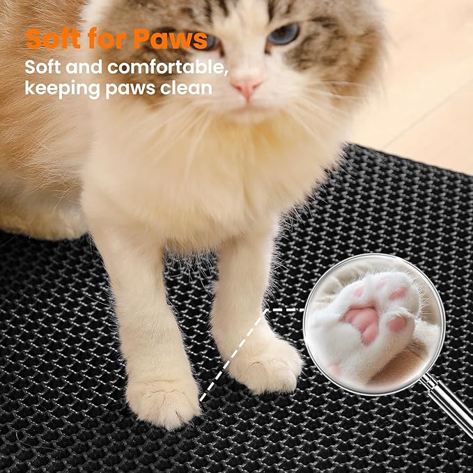 Small Cat Litter Mat, 20x14’’ Double Layer Honeycomb Cat Litter Box Mat, Non Slip Waterproof Urine Proof Litter Trapping Mat for Floor, Kitty Litter Pad, Indoor Pet Supplies, Black