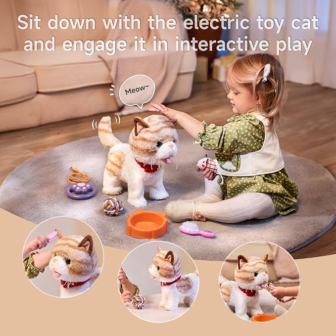 OR OR TU Walking Talking Toy Cat with Remote Control Leash, Plush Pet Electronic Interactive Toys for Kids, Wag Tail, Singing, Pretend Dress Up Realistic Stuffed Cat Age 3 4 5+ Years Old Best Gift