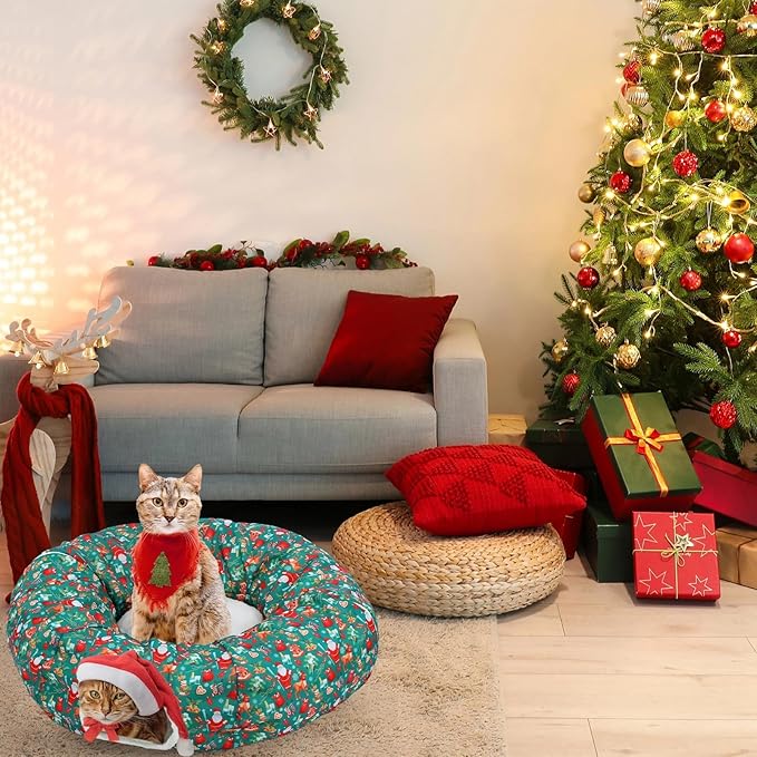 Christmas Cat Tunnel Bed for Indoor Cats Under Christmas Tree Skirt Tube with Hanging Ball Plush Cat Cave, Washable Holiday Pet Gift Toy & Gift for Kittens(Santa)