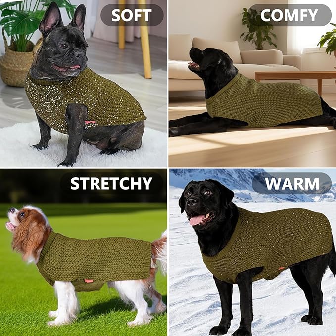 KYEESE Dog Sweater for Large Dogs with Leash Hole Warm Pullover with Reflective Yarn Male Thick Stretchy Knitwear Winter Soft Pet Coat boy for Cold Weather Comfy Dog Sweaters,Brown,XXX-Large
