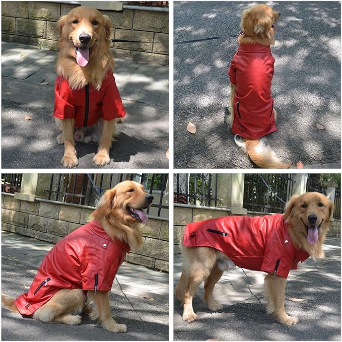 Lovelonglong Cool Dog Leather Jacket, Warm Coats Dogs Windproof Cold Weather Coats for Pugs Bulldog Pitbull Red B-M