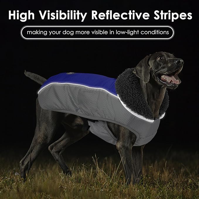 Dog Coat, Waterproof Ripstop Dog Winter Jacket with Leash Hole, Reflective Adjustable Warm Pet Fleece Snow Sweater for Small Medium Large Dogs - Blue, 3XL