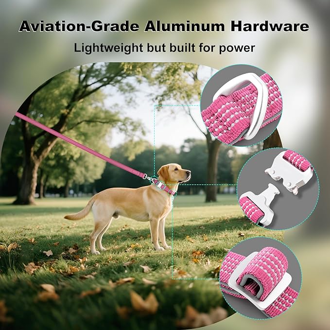 Plutus Pet Reflective Dog Collar with Aviation Aluminum Buckle, Neoprene Padded for Comfort, Lightweight, Heavy Duty Nylon Collar for Puppy Small Medium Large Dogs (Pink, L)