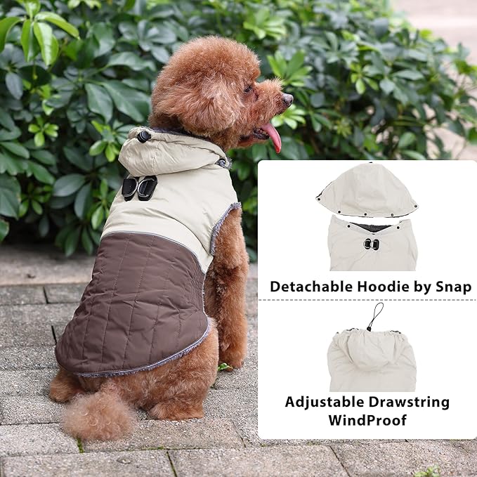 Detachable Hooded Dog Coat with Harness for Large Dogs,Super Warm Fleece Puppy Jacket for Cold Winter Doggie Coats,Brown XXL