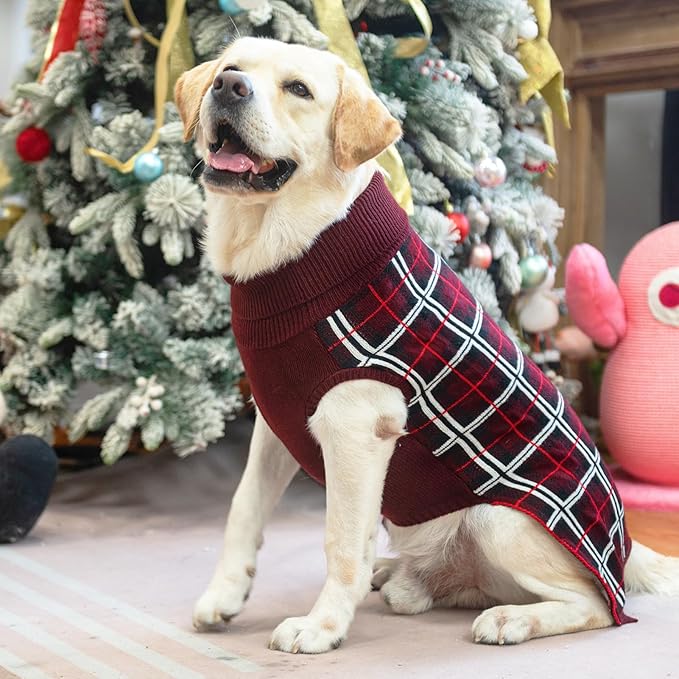 PUPTECK Dog Christmas Sweaters for Large Medium Small Dogs - Fall Classic Plaid Style Puppy Holiday Winter Coat Clothes Warm, Deep Red, SM