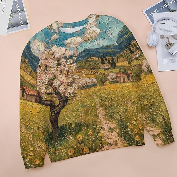 Long Sleeve Shirts for Women Cat Oil Painting Shirt 3D Graphic Sweatshirts Fall Pullover Crewneck Vintage Boho Tops