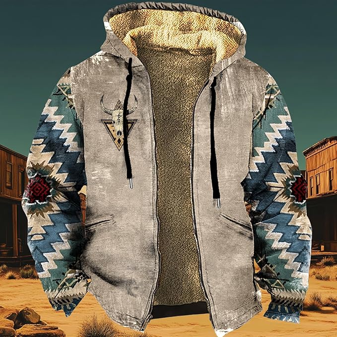 Men's Zip Up Jackets Western Style Ethnic Hoodie Hooded Vintage Long Sleeve Warm Coat Winter Outfits
