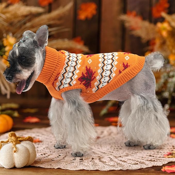 KOOLTAIL Cable Knit Dog Sweater Turtleneck, Cold Weather Pullover Classic Knitwear, Thick Warm Winter Pet Clothes, Fall Maple Leaves Thanksgiving Dog Sweater for Small Medium Large Dogs Cats, Orange M