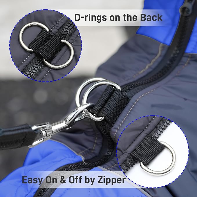 Warm Fleece Dog Coats for Small Dogs,D-Rings Waterproof Puppy Jacket for Cold Winter,Blue M