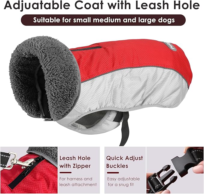 Dog Coat, Waterproof Ripstop Dog Winter Jacket with Leash Hole, Reflective Adjustable Warm Pet Fleece Snow Sweater for Small Medium Large Dogs - Red, XL