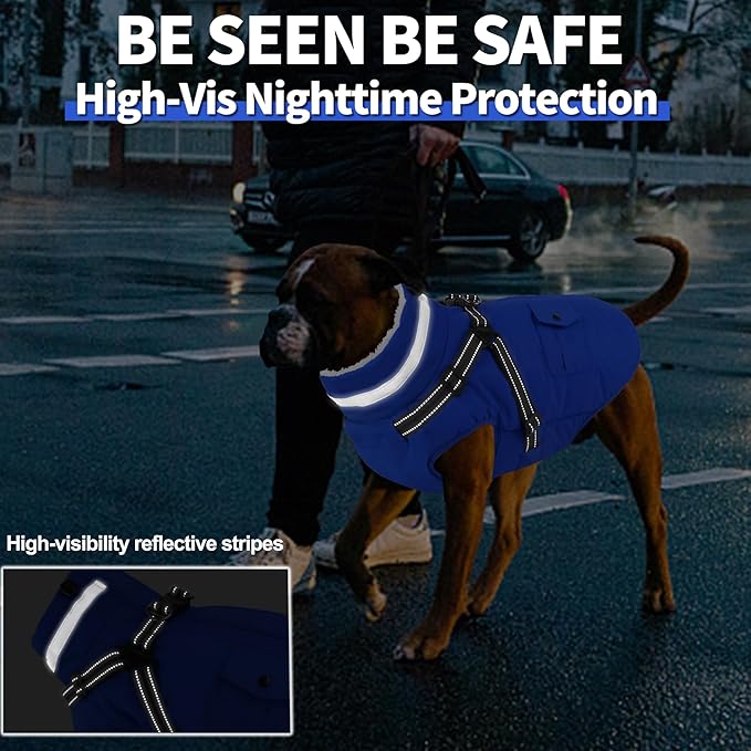 Dogcheer Dog Coat with Harness, Waterproof Warm Dog Winter Jacket with Pockets, Reflective Pet Fleece Jacket Turtleneck Snowsuit for Small Medium Large Dogs - Blue, XS