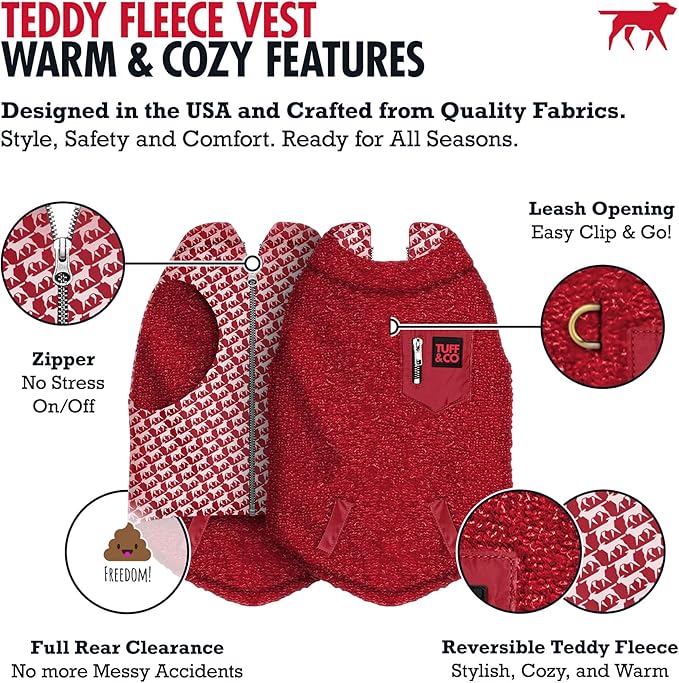 Tuff Pupper Reversible Fleece Sweater Vest for Dogs | Lightweight Comfortable Insulated Jacket | Front Zip Closure | Machine Washable | Built-in Leash Hole | Sizes for All Breeds (Small, Red)
