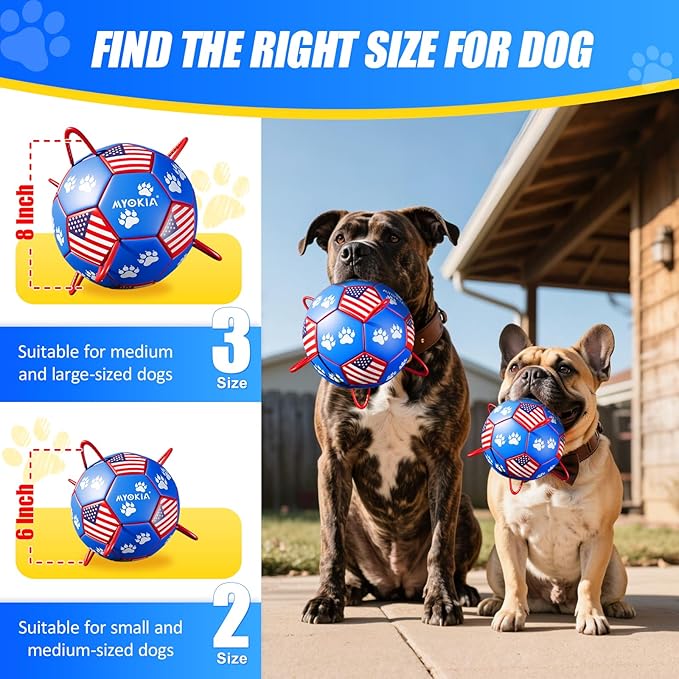 Size 3 Interactive Dog Football with Strap, Blue & Red, Eye-Catching Paw Prints and Flag Design, Ideal Outdoor Training Pet Toy, Perfect Choice for Medium & Large Dogs' Playtime