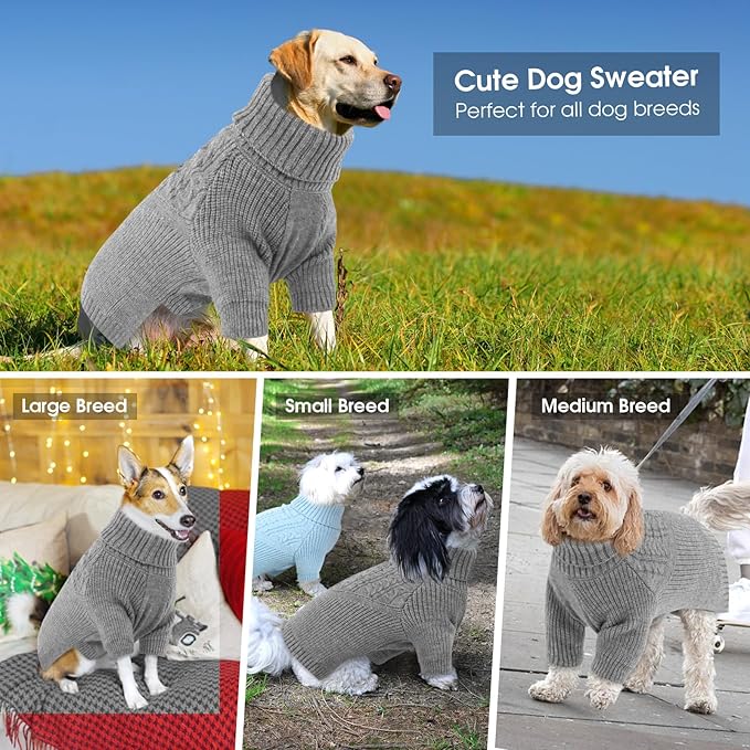 Queenmore Puppy Sweaters for Small Dogs,Christmas Dog Sweater XS,Heavy Cable Knit Turtleneck Warm Dog Coat for Male/Female Doggie，Pet Winter Clothes for All Breed/Sizes - Grey,XS