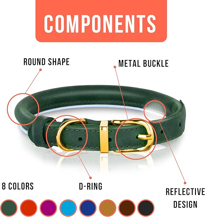 OOPSDOGGY Reflective Rolled Leather Dog Collar Adjustable Soft Padded Pet Collar for Small Medium Large Breed Dogs (Green, S, 10"-13")