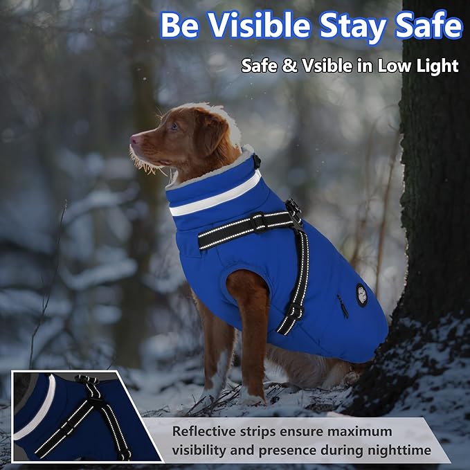 Dogcheer Dog Coat, Waterproof Dog Winter Jacket with Harness, Reflective Adjustable Doggy Cold Weather Coats, Christmas Pet Fleece Snowsuit for Small Medium Large Dogs - Blue, M