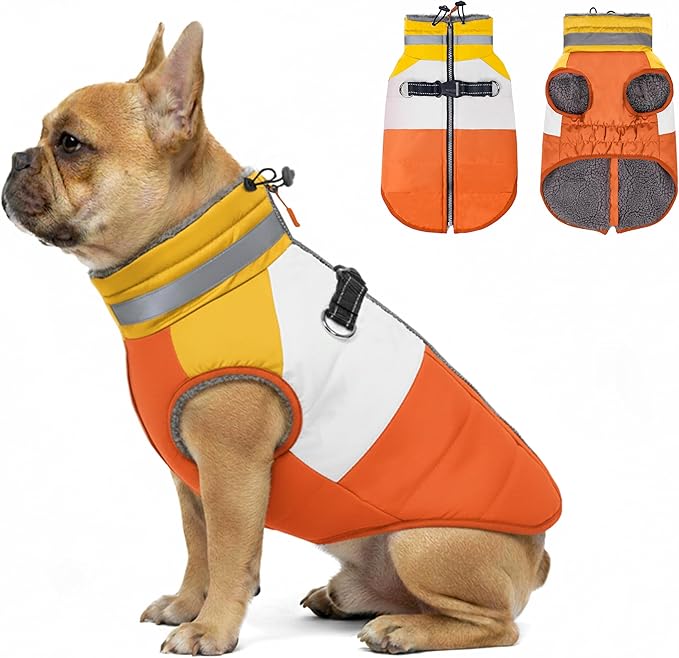 azuza Dog Jacket for Small Dogs Waterproof Dog Coat with Reflective Strips and Harness Built in Warm Fleece Dogs Winter Coat Windproof with Back Zipper, Orange L