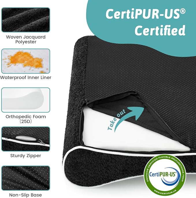 Orthopedic Dog Bed for Small Dogs up to 35 lbs - Removable Washable Cover with Waterproof Lining & Non-Skid Bottom, Cotton-Polyester Blend Boat-Shaped Lounger Mattress, S(30x20x5in), Black